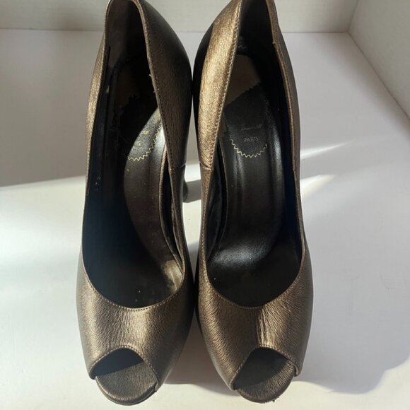 Yves Saint Laurent YSL Paris Metallic Bronze Leather Platform Peep Toe US 7.5 - Picture 1 of 11